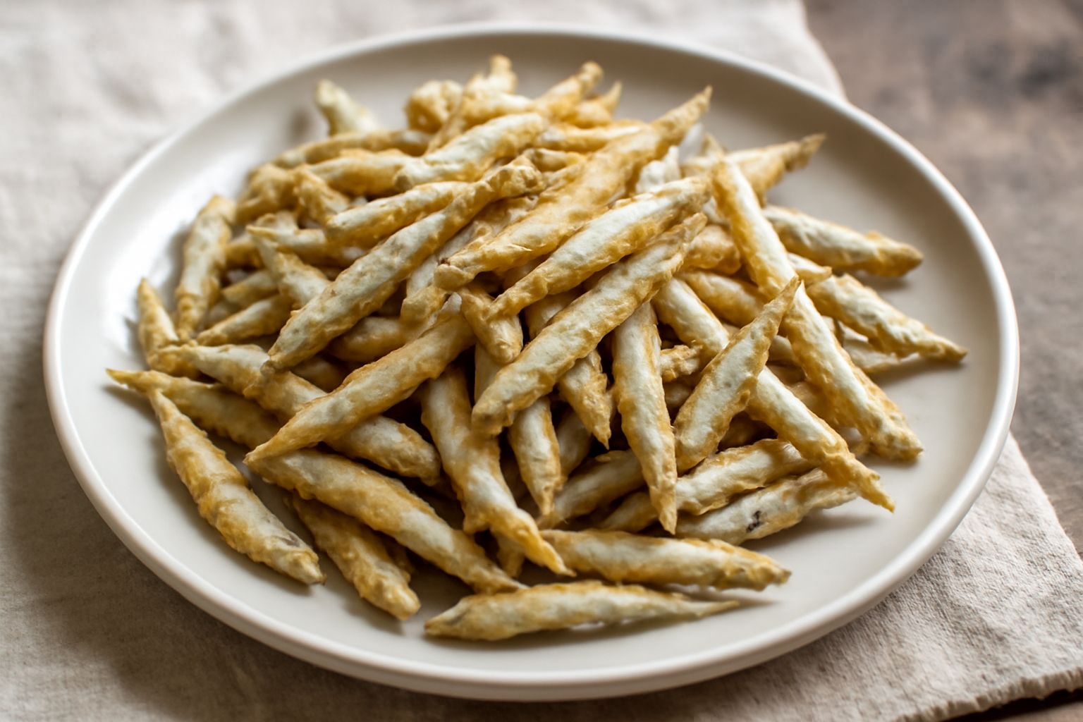 Piatto bianco con mucchio di cicenielli fritti dorati, croccanti, ancora vapidi, cosparsi di sale grosso e limone fresco accanto