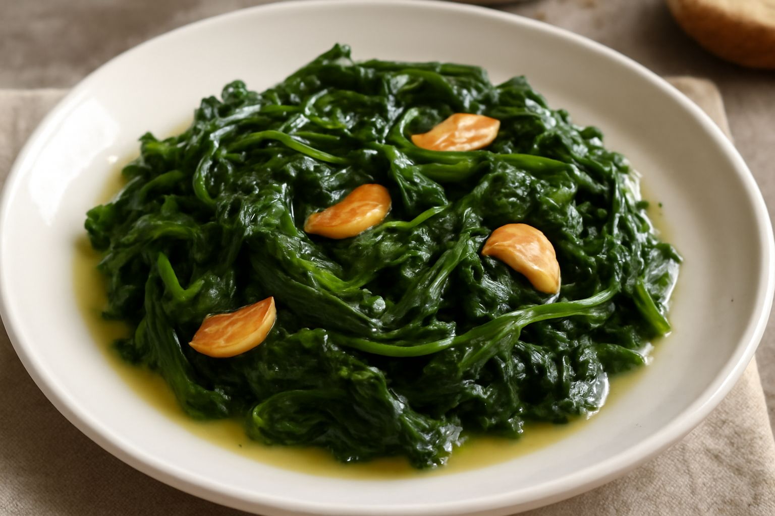 Cicerbita ripassata dorata in padella con aglio, foglie verde scuro appena saltate in olio, presentata in un piatto bianco con filo di olio extravergine