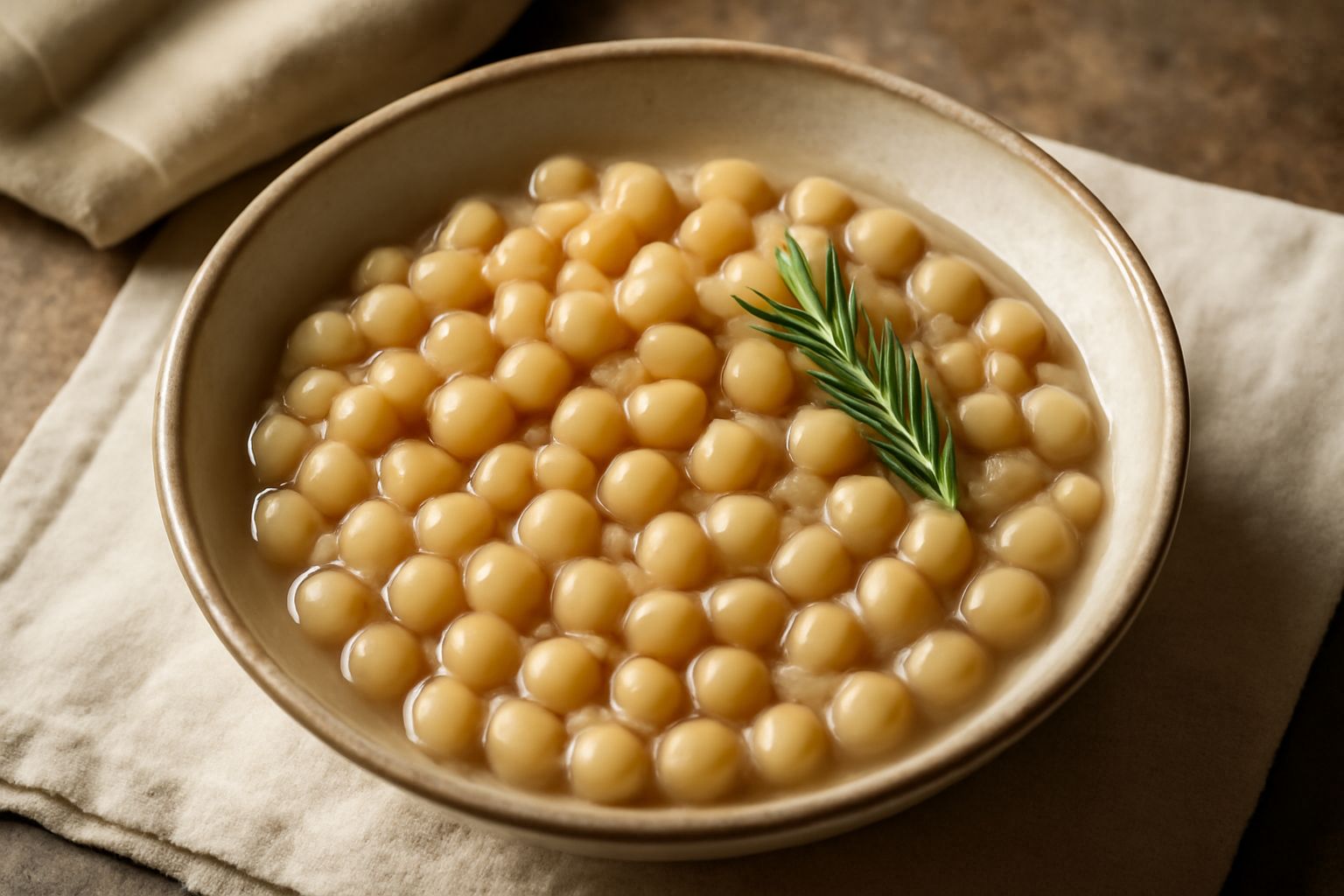 Cicerchie cotte di colore beige-marrone in una ciotola di ceramica bianca, leggermente lucide dal brodo di cottura, con una foglia di rosmarino fresco sopra e un mestolo di legno accanto