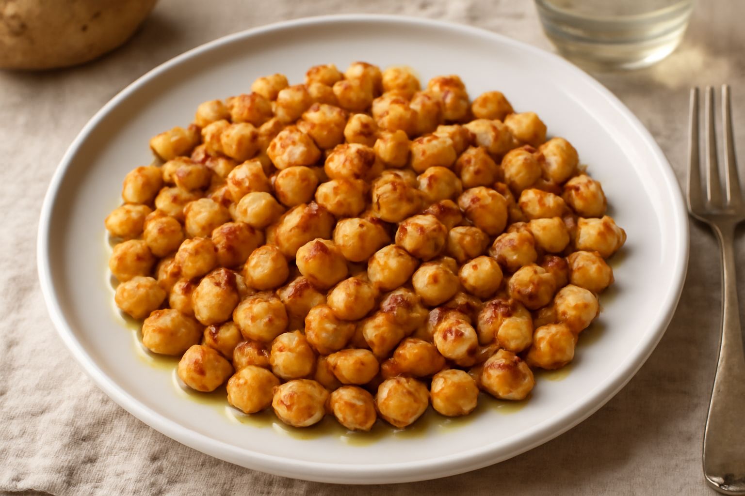 Cicerchie dorate e croccanti ripassate in padella, condite con olio extra vergine e aglio, servite in un piatto bianco con un filo d'olio in superficie e prezzemolo fresco