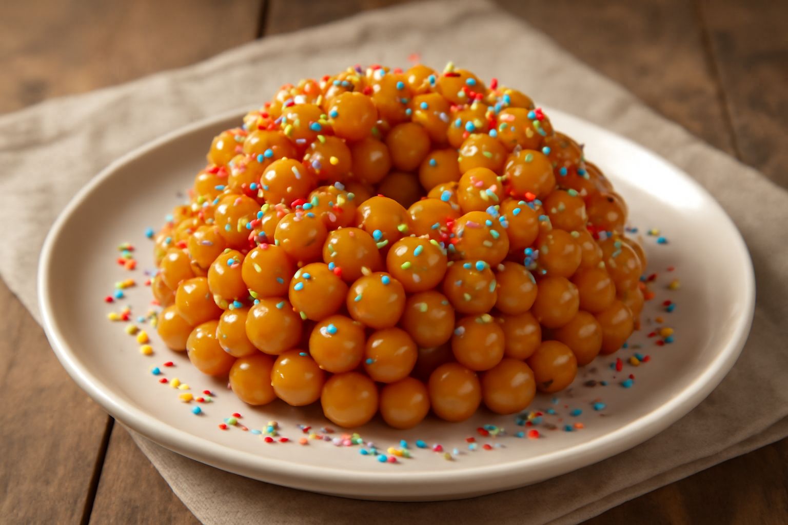 Una cicerchiata intera dorata e lucida su un piatto bianco, visibile la struttura delle palline unite dal miele, con decorazioni di zucchero colorato o perline di zucchero sulla superficie