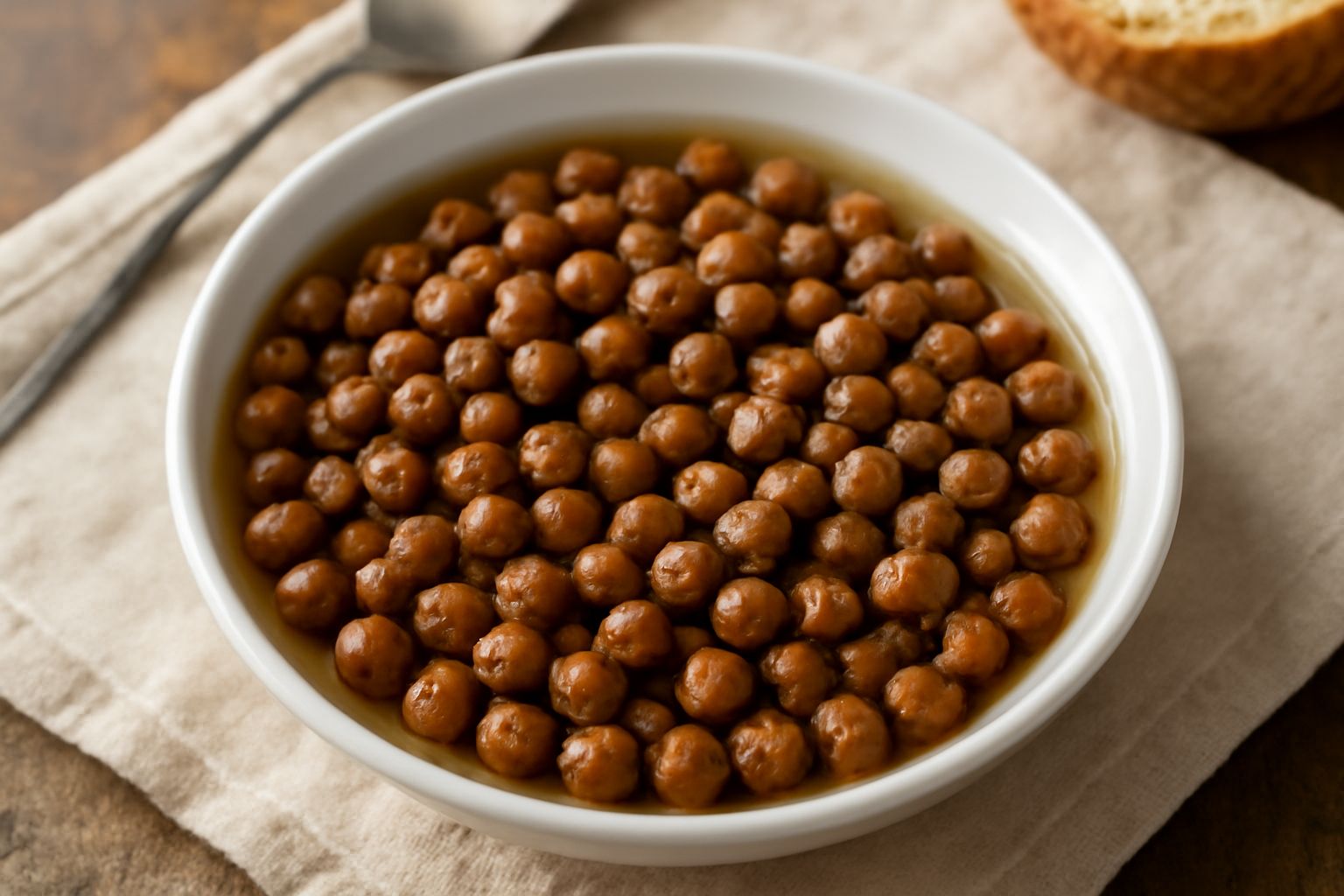 Ciotola di ceramica bianca con cicerchie marroni e piccole immerse in un liquido trasparente giallognolo, con una fogliolina di basilico fresco e chicchi di pepe nero visibili in superficie