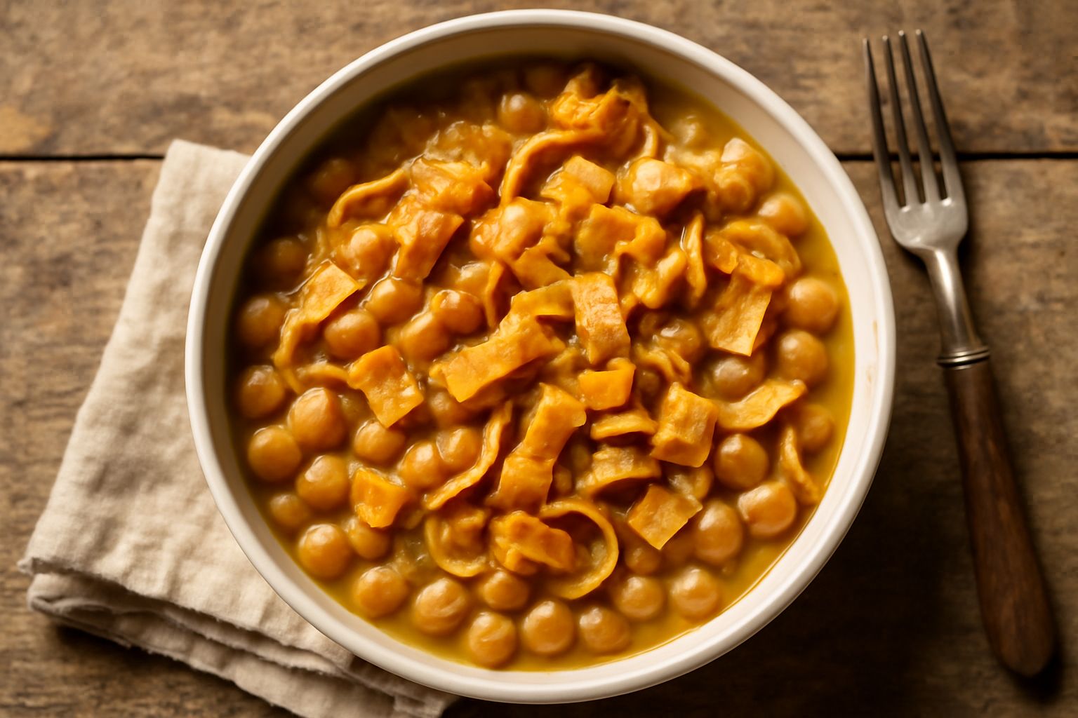 Piatto di ciceri e tria servito in una ciotola di ceramica bianca: ceci marrone chiaro in brodo denso, pezzetti di pasta fritta color dorato sparsi in superficie, con una leggera trasparenza del brodo