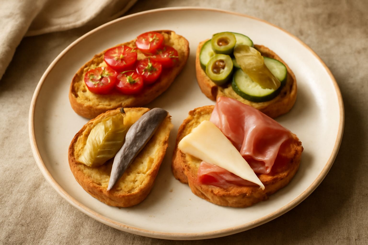 Cicheti veneziani disposti su un piatto bianco: fette di pane tostato con pomodoro, acciughe, olive e formaggio, colori vivaci di rosso, verde e bianco con gocce di olio d'oliva