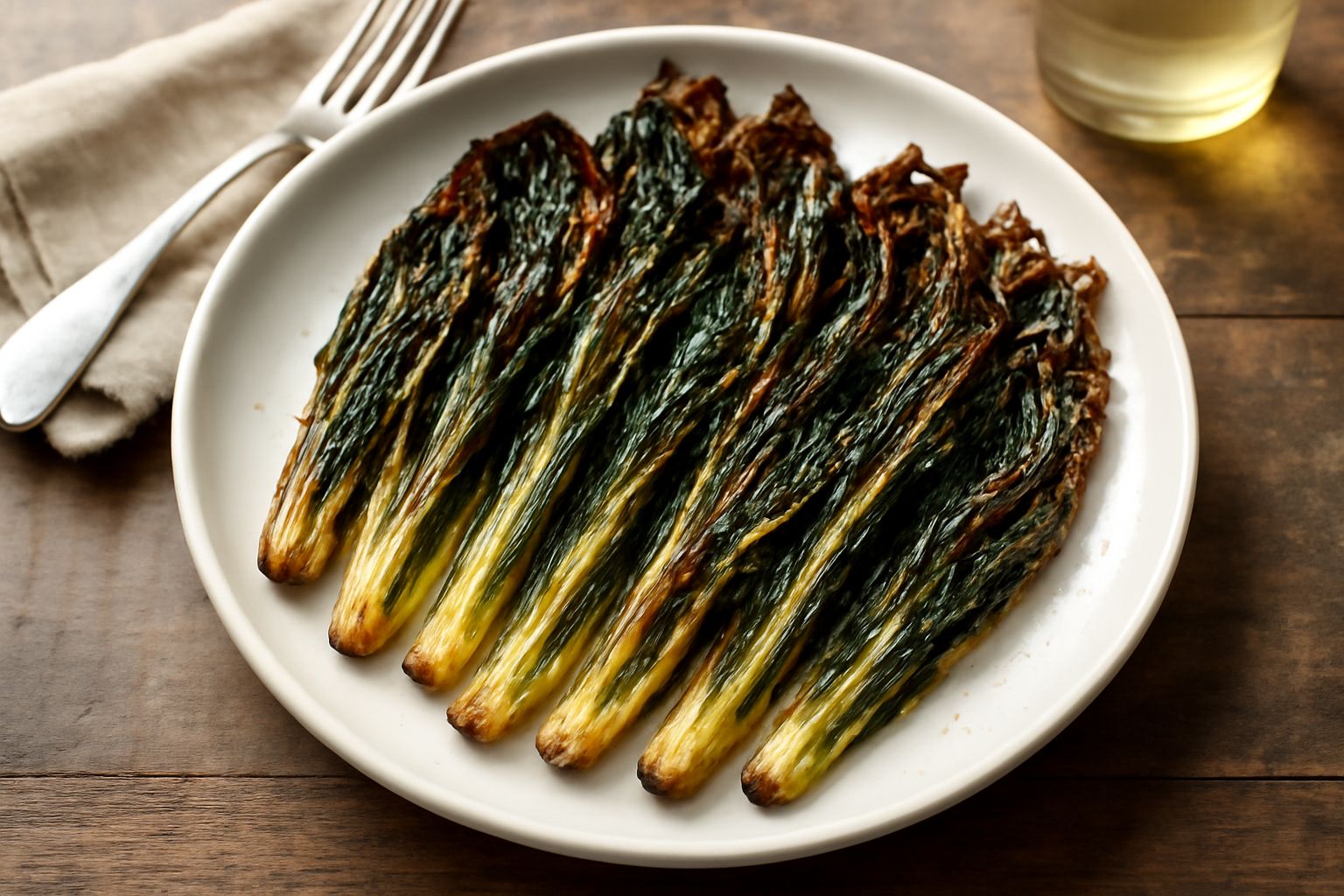 Cicoria fresca dal forno in teglia bianca, dorata ai bordi, con foglie croccanti, una spruzzata di olio d'oliva e spicchi d'aglio intorno