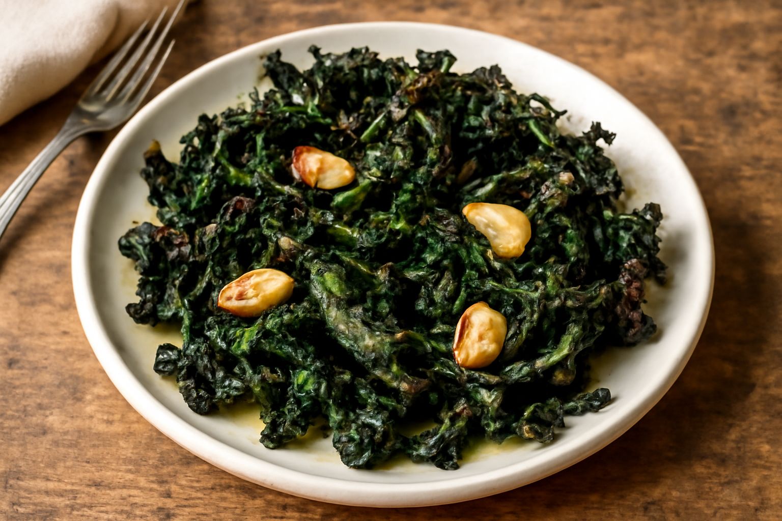 Cicoria arrutzada in un piatto bianco, foglie verdi scure croccanti, lucide d'olio, con spicchi d'aglio dorato ai lati e gocce d'olio d'oliva visibile