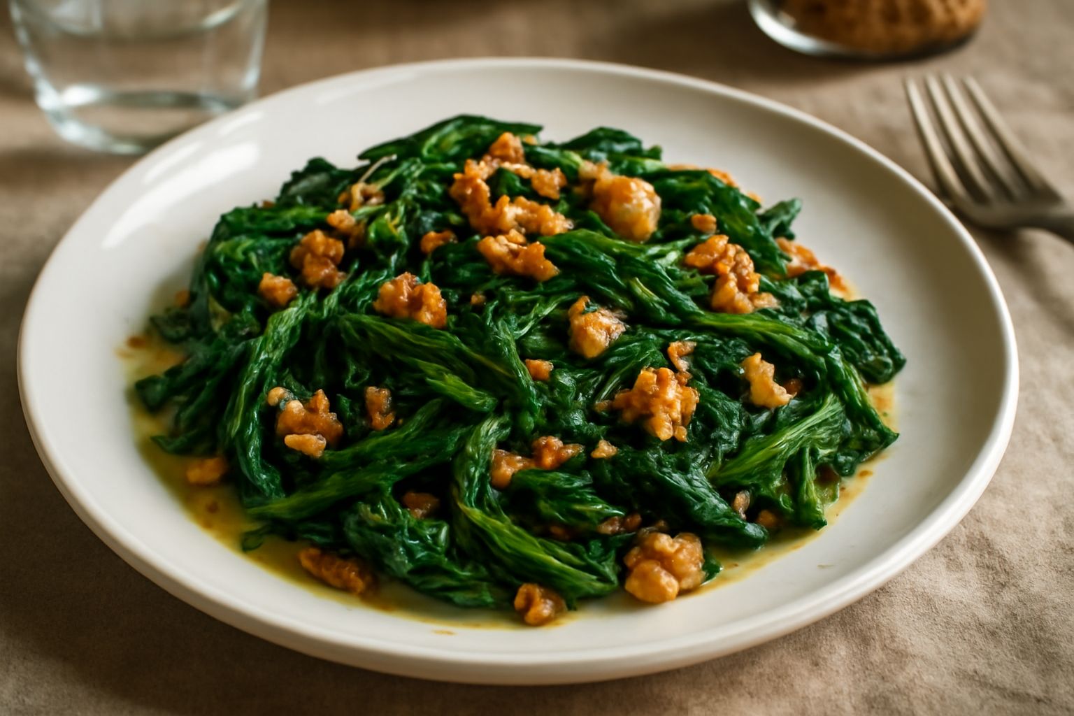 Cicoria verde scuro ripassata in padella, condita con frammenti di noci tostate color nocciola, aglio brunito, olio lucente. Servita in piatto bianco, contorno fumante.