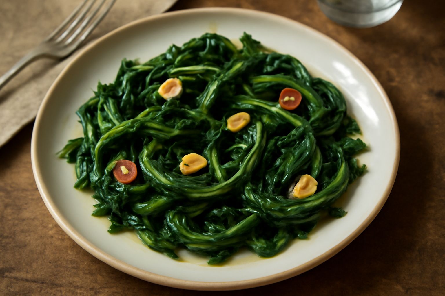 Piatto bianco con cicoria di campo verde scuro, condita con olio d'oliva lucido, aglio dorato e peperoncino rosso, accompagnata da fette di pane tostato ai lati