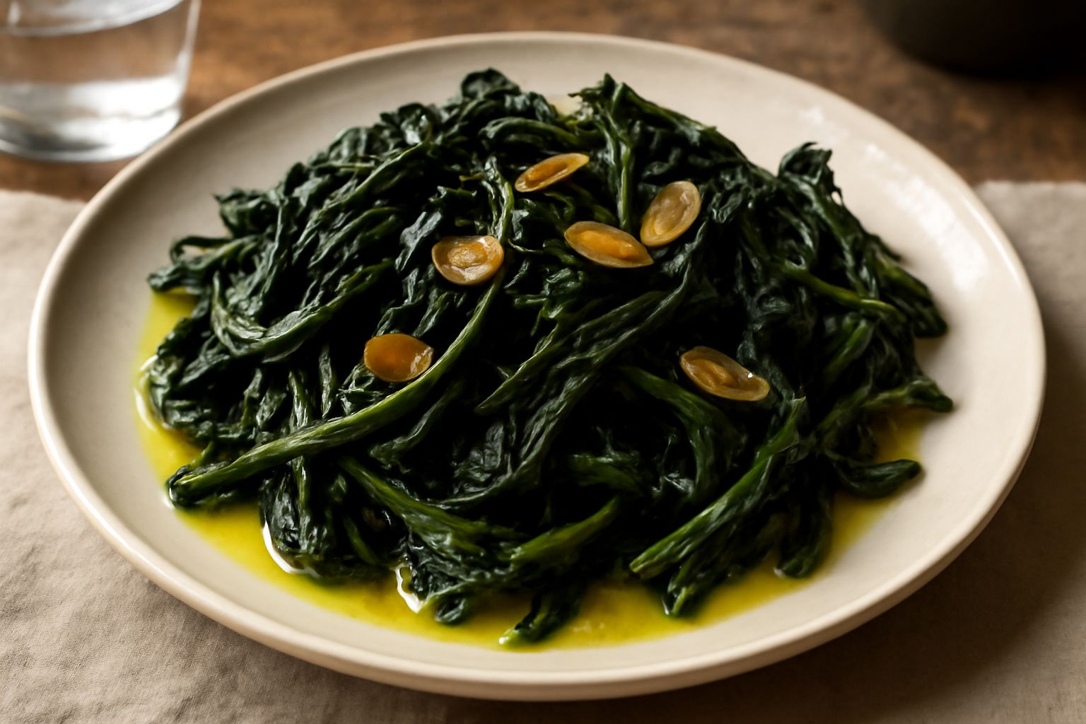 Cicoria di campo bollita verde scuro, tesa su un piatto bianco, con gocce d'acqua ancora visibili sulle foglie ondulate, condita con olio extra vergine d'oliva e spicchi d'aglio dorato