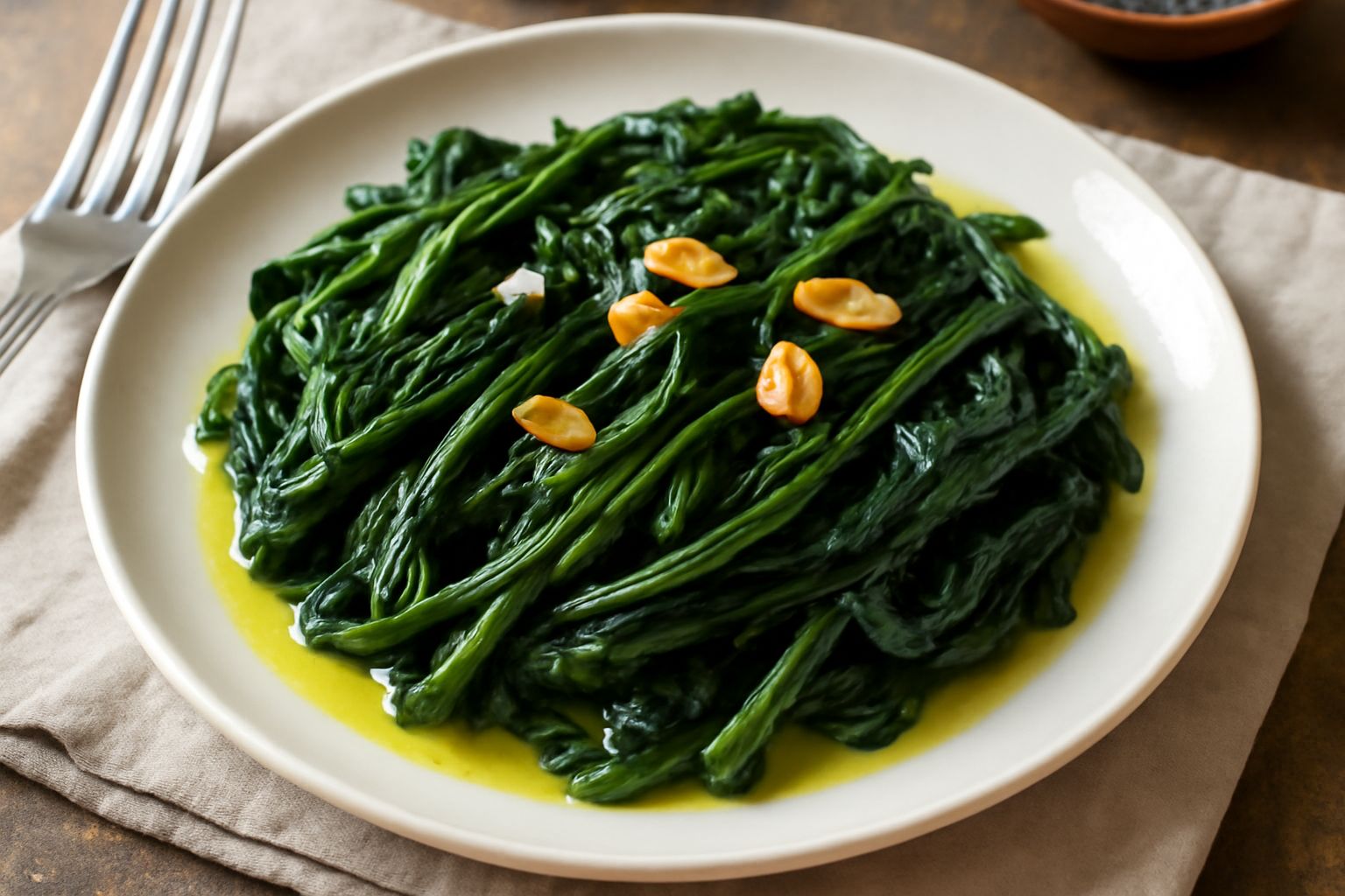 Piatto bianco con cicoria di campo lessa di colore verde scuro brillante, cosparsa di olio d'oliva dorato e aglio tagliato, su tavolo di legno chiaro con bicchiere d'acqua a lato