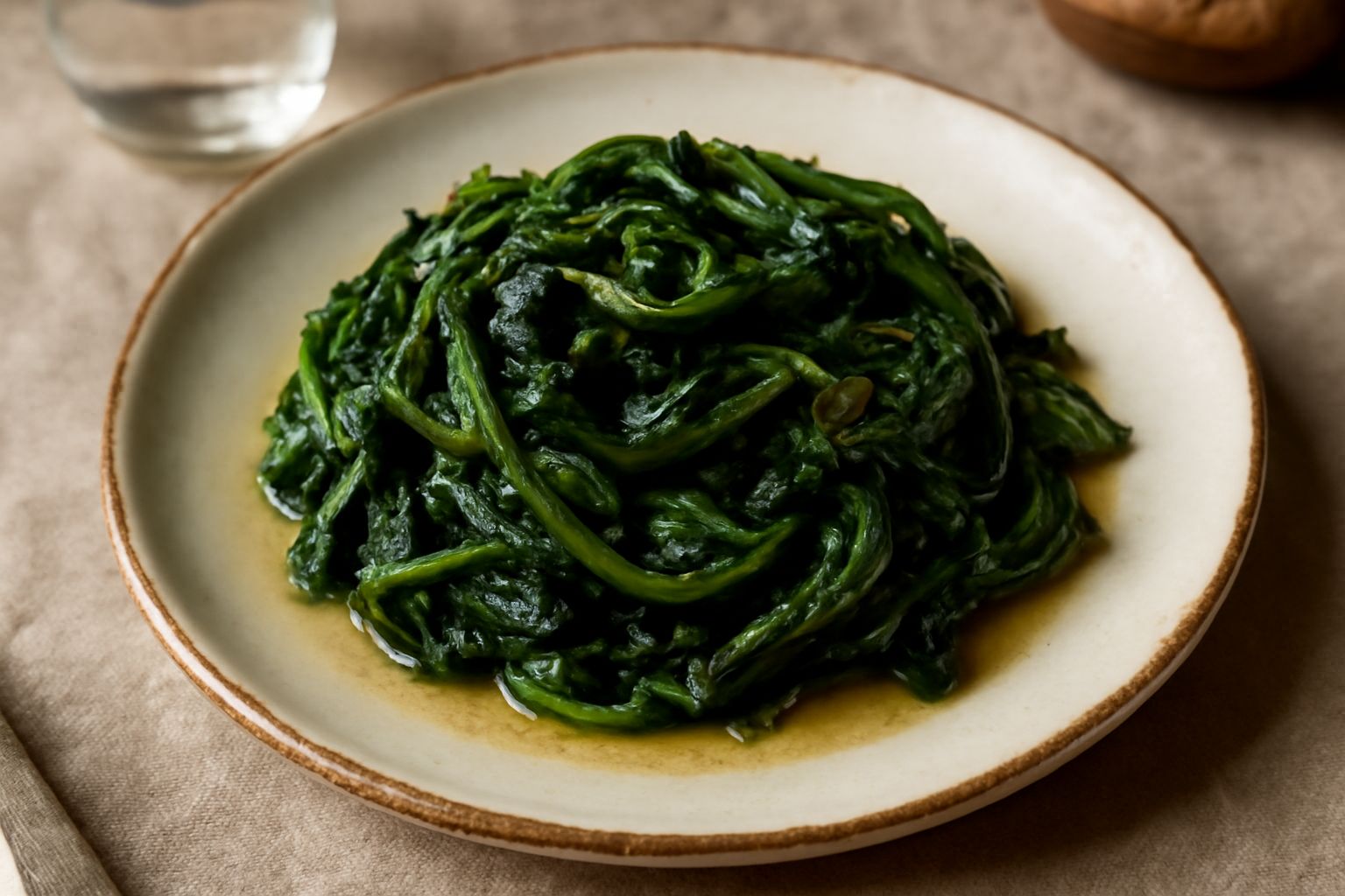 Cicoria di campo ripassata in un piatto bianco, foglie verde scuro lucide di olio, con spicchi d'aglio dorato, olio che luccica, contorno su fondo bianco