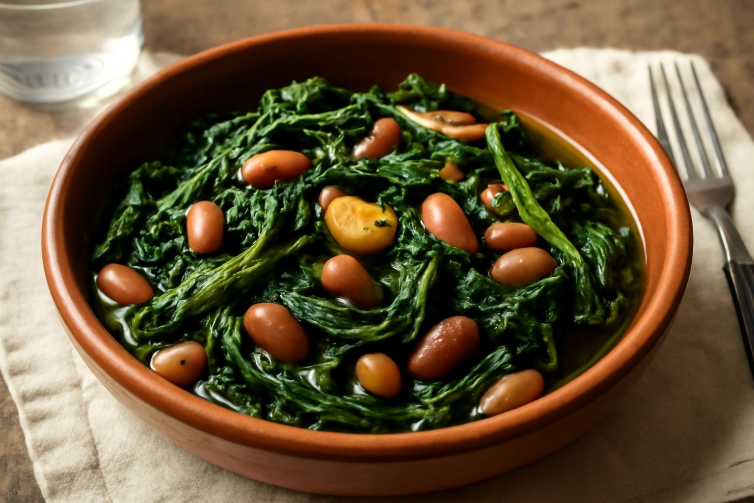 Cicoria verde scura ripassata in padella con fagioli bianchi e rossi, aglio dorato, olio di oliva lucido, impiattato in un piatto fondo di terracotta bianca con contorno di pane tostato