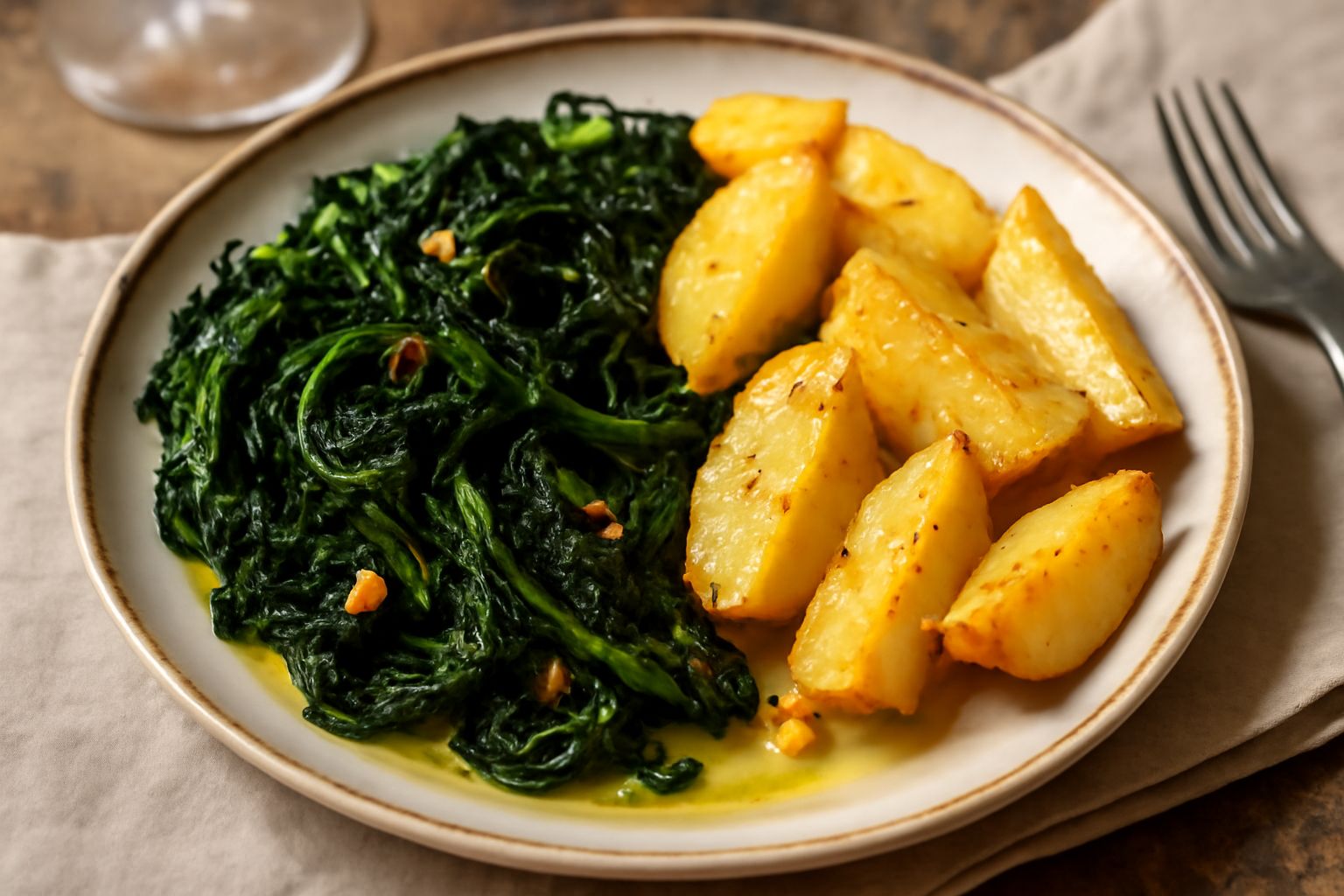 Piatto bianco con cicoria verde scuro e patate tagliate a spicchi dorate, condite con olio e aglio, garnito con sale marino, su sfondo naturale