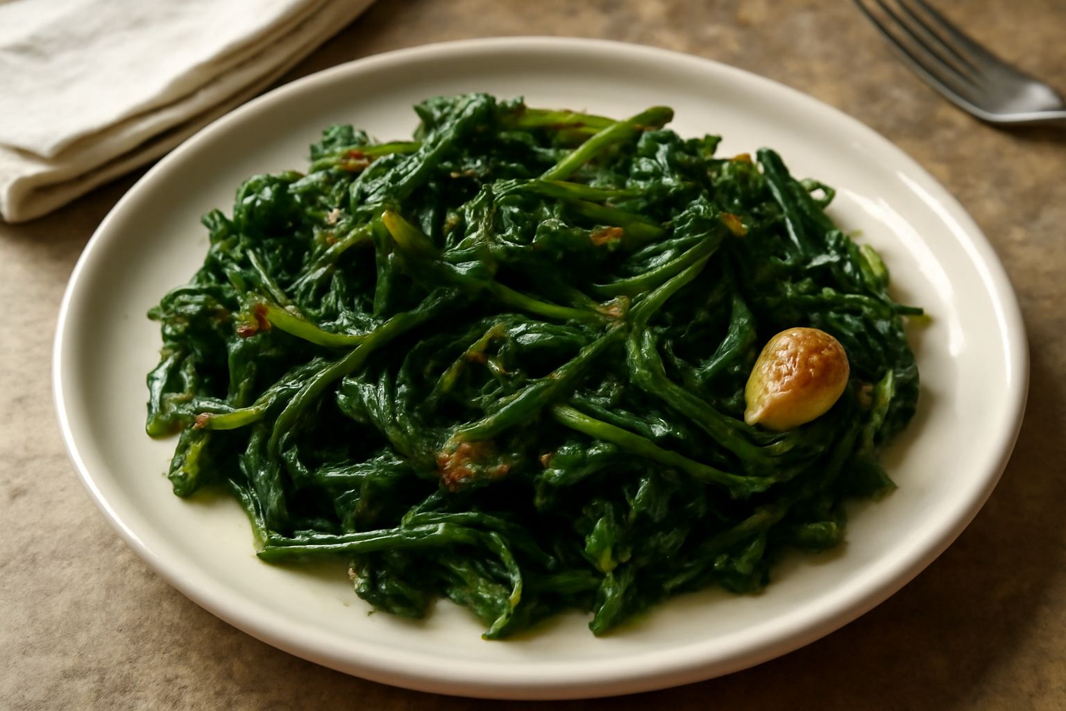 Cicoria ripassata in padella con aglio dorato, colore verde scuro intenso, foglie leggermente croccanti ai bordi, olio lucido, impiattamento diretto in piatto bianco, servita calda