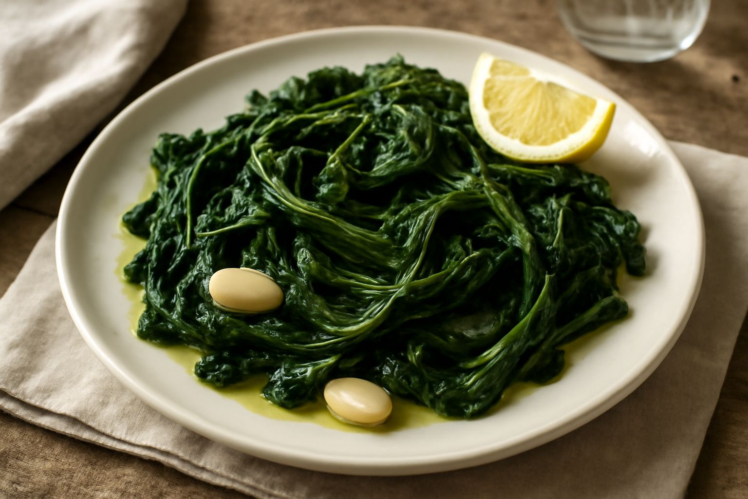 Cicoria lessata fredda in piatto bianco, verde intenso con riflessi luminosi, condita con gocce d'olio d'oliva, fettine sottili di limone fresco e aglio intero rosso, su tovaglia di lino bianca