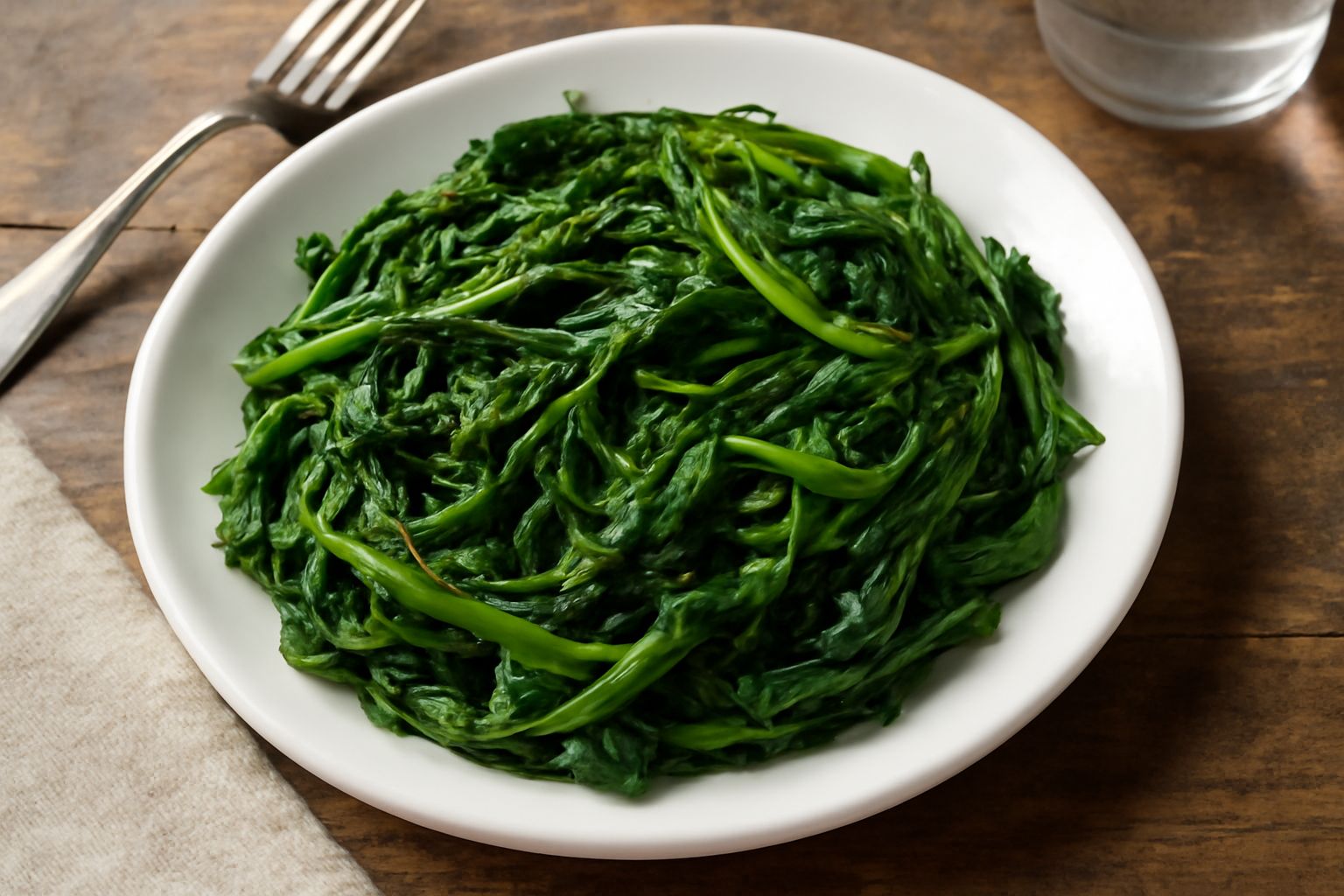 Cicoria lessa scura e uniforme, ancora fumante, condita con olio extravergine d'oliva e sale, su un piatto bianco
