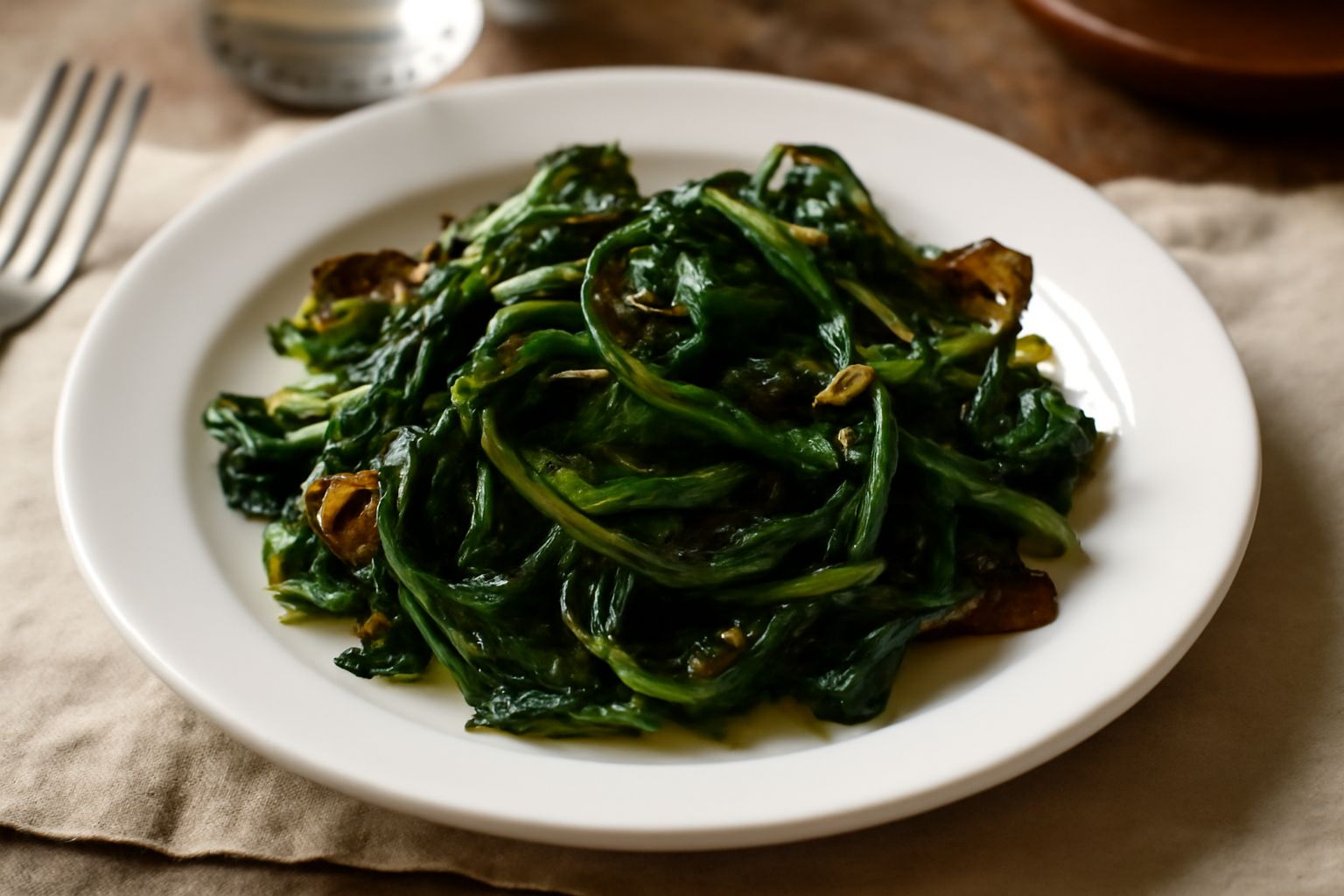 Cicoria ripassata croccante e dorata in una ciotola bianca, con aglio e peperoncino rosso fresco, olio lucente sulle foglie verdi scure