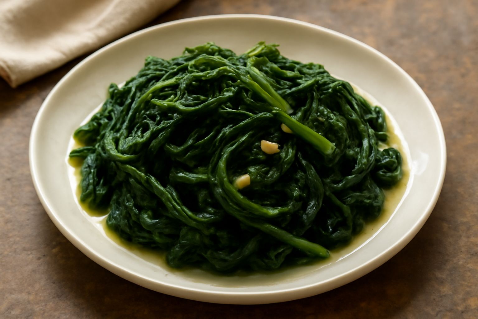 Piatto con cicoria verde scuro ripassata, lucida di olio, con fettine dorate di aglio sparse sopra, servita in una ciotola di ceramica bianca