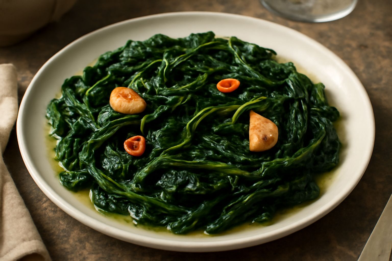 Cicoria ripassata fredda in piatto bianco, foglie verde scuro leggermente arricciate, condimento lucido di olio extravergine con spicchi d'aglio dorato, servita a temperatura ambiente