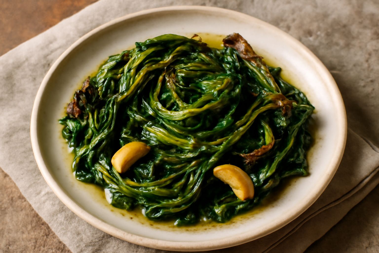 Cicoria verde scuro croccante ai bordi, rosata per il ripassaggio in padella, con aglio e olio, servita in un piatto bianco su tavolo in legno chiaro