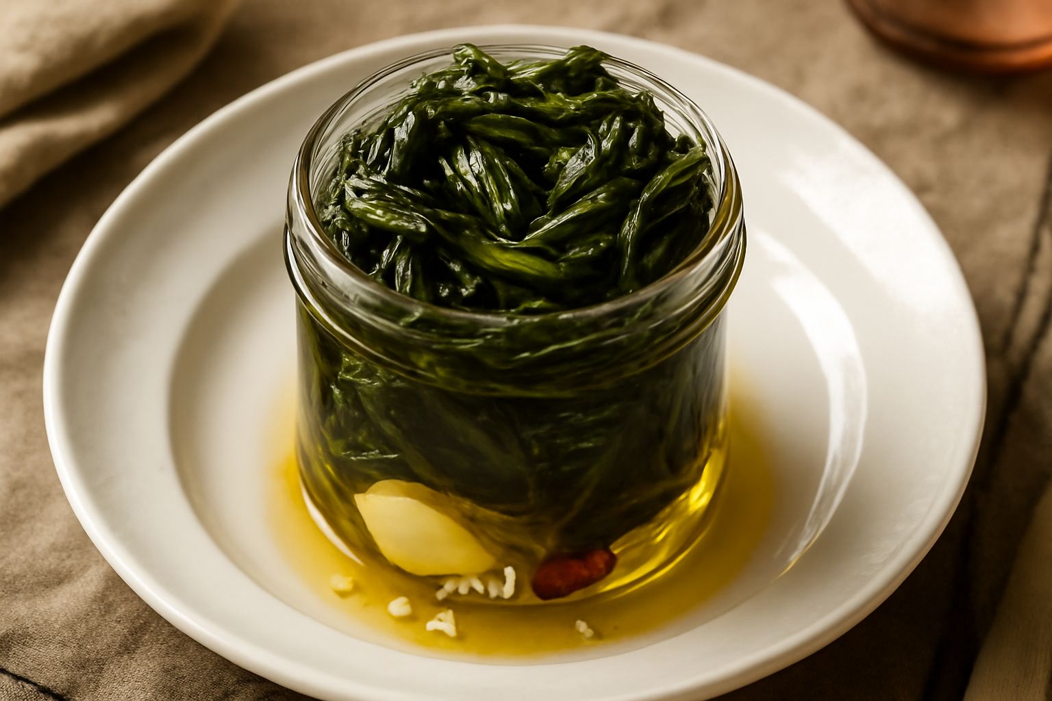Cicoria verde intenso ripassata in padella, croccante ai bordi, disposta in un barattolo di vetro coperta da olio trasparente con aglio e peperoncino rosso