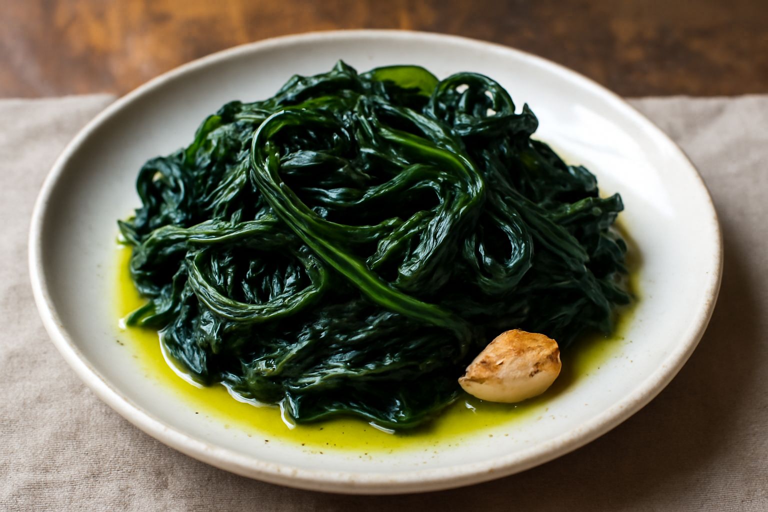 Cicoria selvatica fresca in padella di ferro con aglio dorato, olio d'oliva lucido e un pizzico di peperoncino rosso, servita in piatto bianco