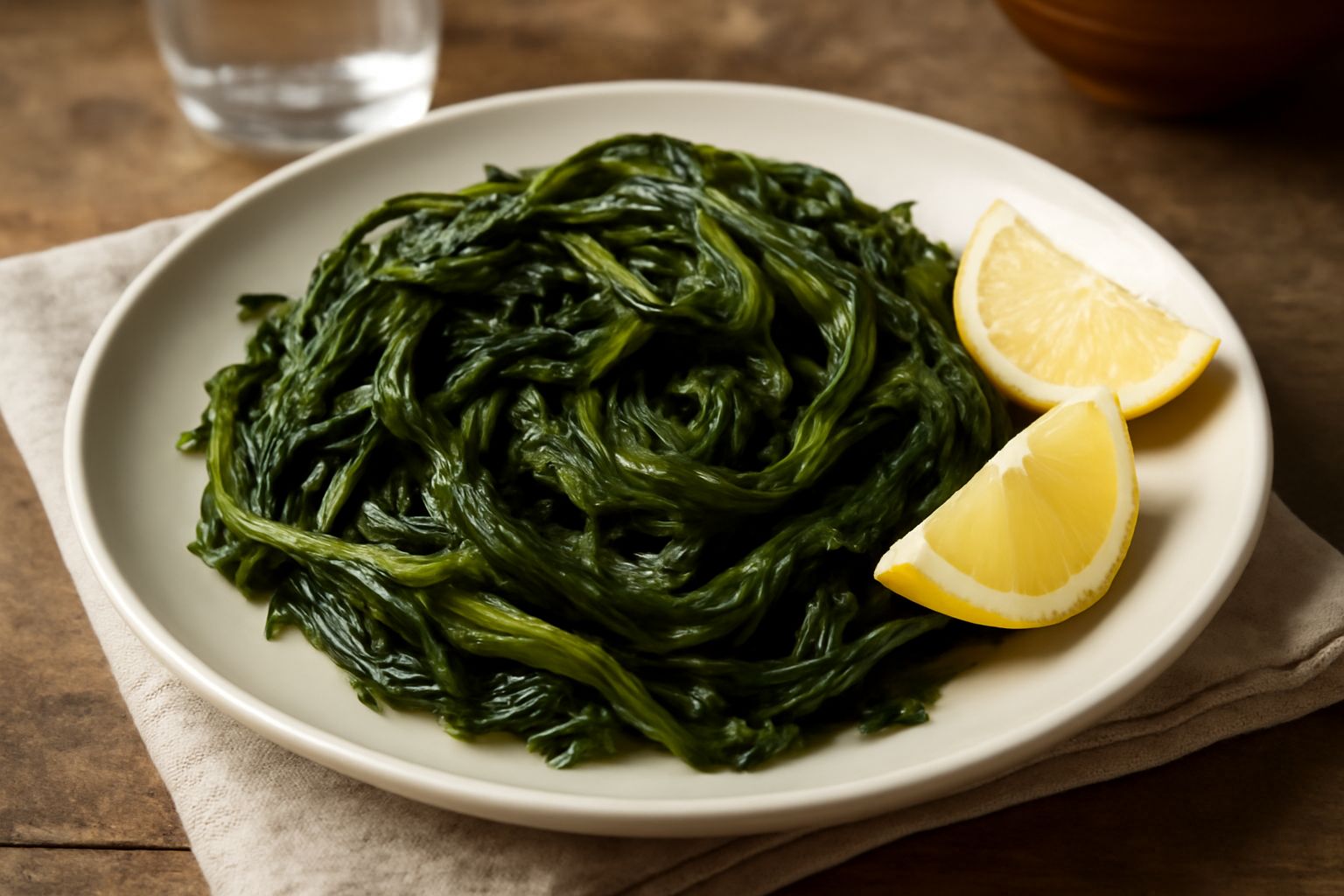 Cicoria selvatica bollita verde scuro in un piatto bianco, condita con olio d'oliva e aglio, servita calda su tavolo di legno