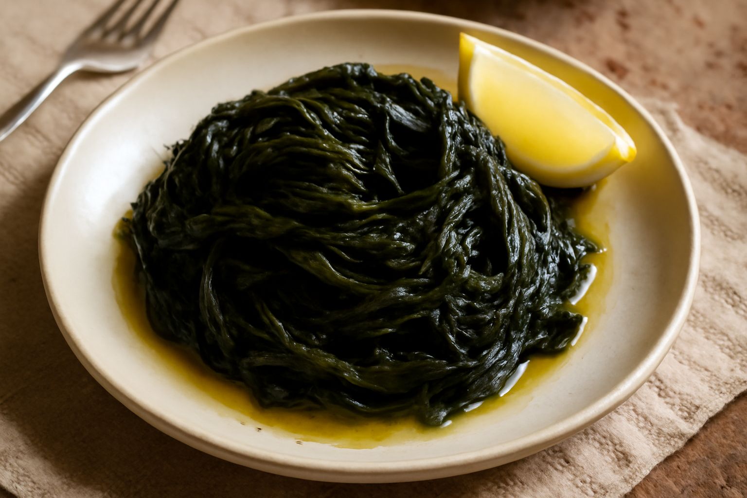 Cicoria selvatica bollita scura e croccante, disposta in un piatto bianco, condita con olio d'oliva verde e fettine di limone giallo, con poche gocce di olio rimaste intorno