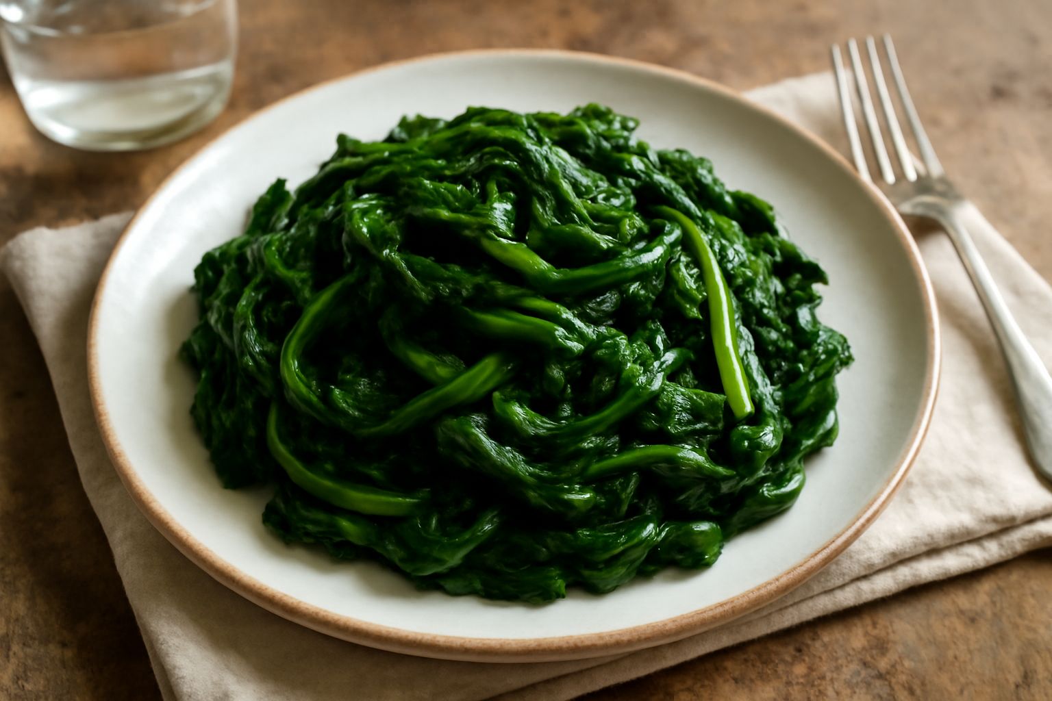 Cicoria selvatica lessata servita in piatto bianco, foglie verde scuro umide e brillanti, accanto a una ciotolina con olio d'oliva e spicchi di aglio fresco