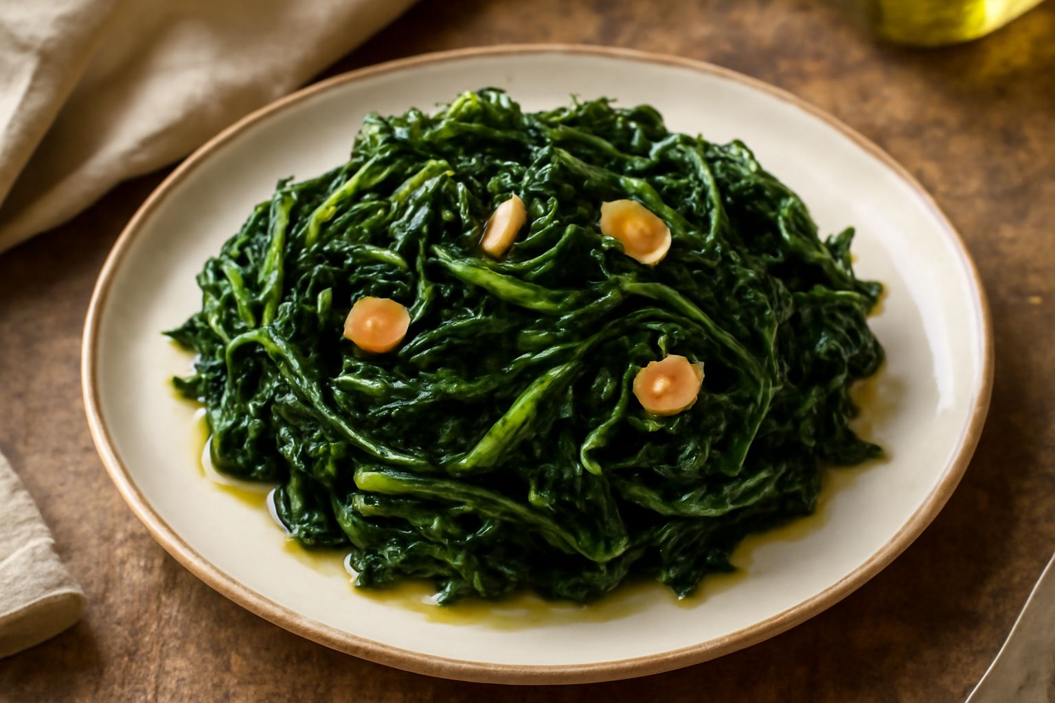 Cicoria selvatica verde scuro ripassata in padella, con spicchi d'aglio dorato, servita in piatto bianco con filo di olio di oliva