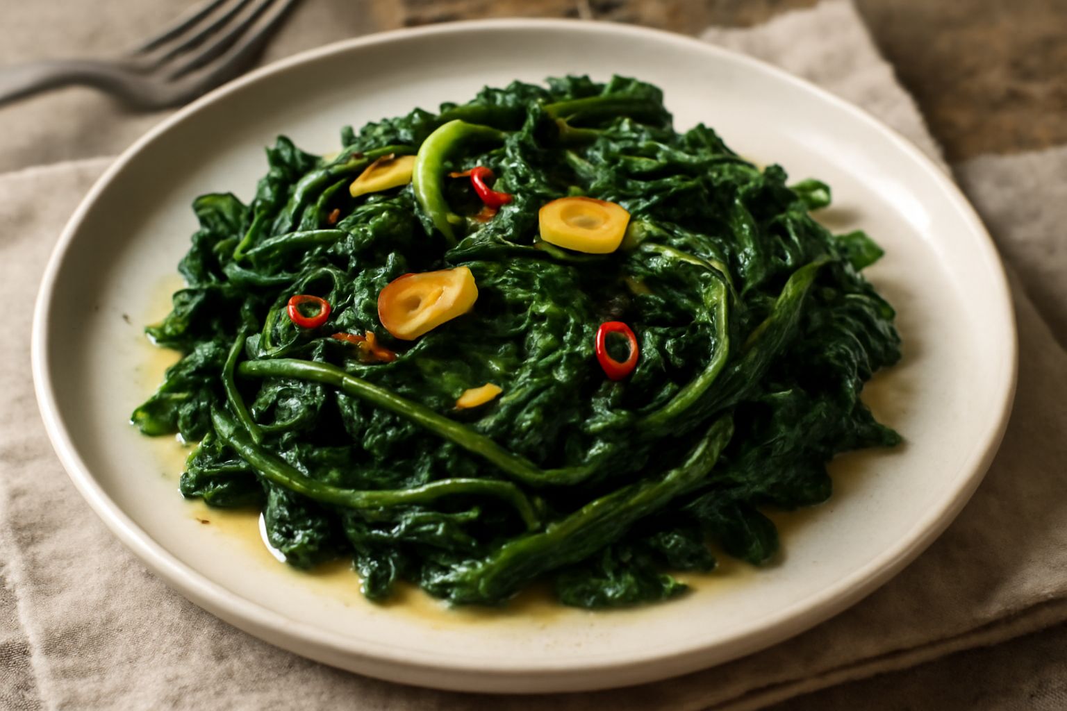 Cicoria selvatica saltata in padella, foglie verdi scuro croccanti ai bordi, aglio dorato, condita con olio e peperoncino, servita in un piatto bianco