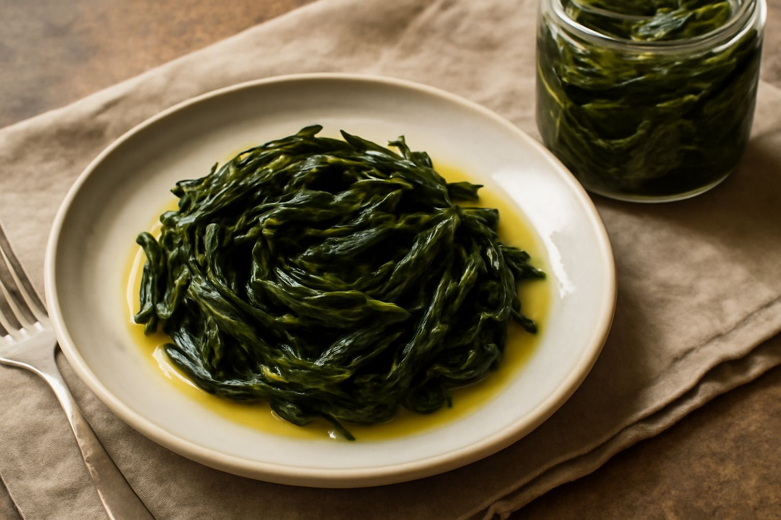 Barattolo di vetro con cicoria selvatica verde sott'olio trasparente, aglio e peperoncino rosso, posto su piano di marmo bianco con luce naturale