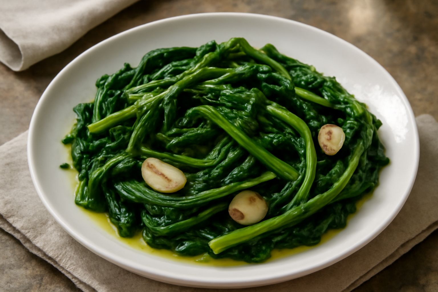 Cicorielle verdi saltate in padella con spicchi d'aglio dorato, olio lucido e sale grosso, impiattate su un piatto bianco con un filo d'olio a crudo sopra