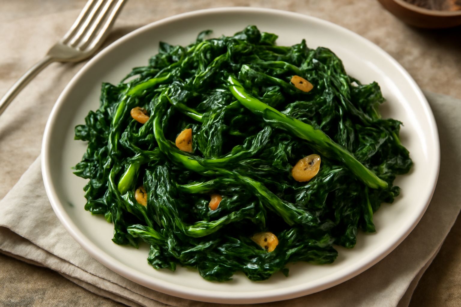Cicorielle verdi scure ripassate in padella, croccanti, con fette d'aglio dorato, olio lucente, servite in un piatto bianco con fondo sfumato
