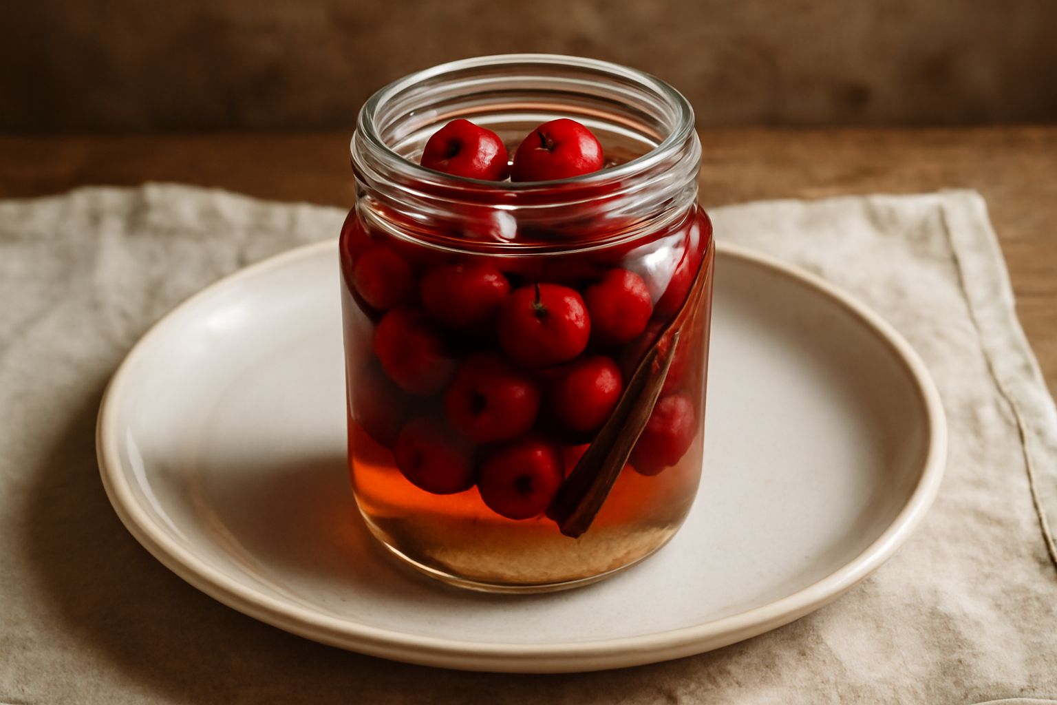 Barattolo di vetro trasparente con ciliege rosse intere immerse in liquido ambrato trasparente, chiuso con coperchio, su fondo bianco con qualche ciliegia fresca a lato