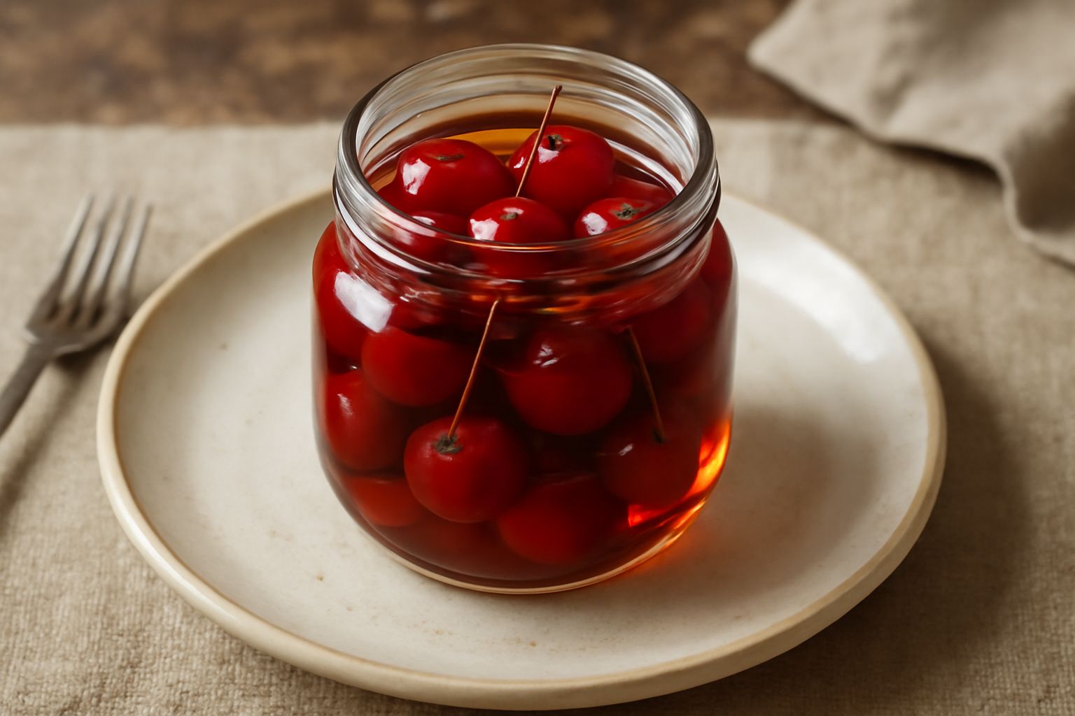 Vasetto di vetro trasparente con ciliegie rosso scuro immerse in liquido trasparente e ambrato, viste da vicino, con alcune ciliegie ancora attaccate ai piccioli, su fondo bianco