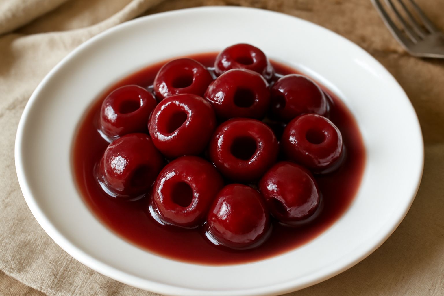 Barattolo di vetro con ciliegie rosse scure coperte di sciroppo trasparente, con un cucchiaio di legno appoggiato accanto, su un tavolo con ciliegie fresche sparse
