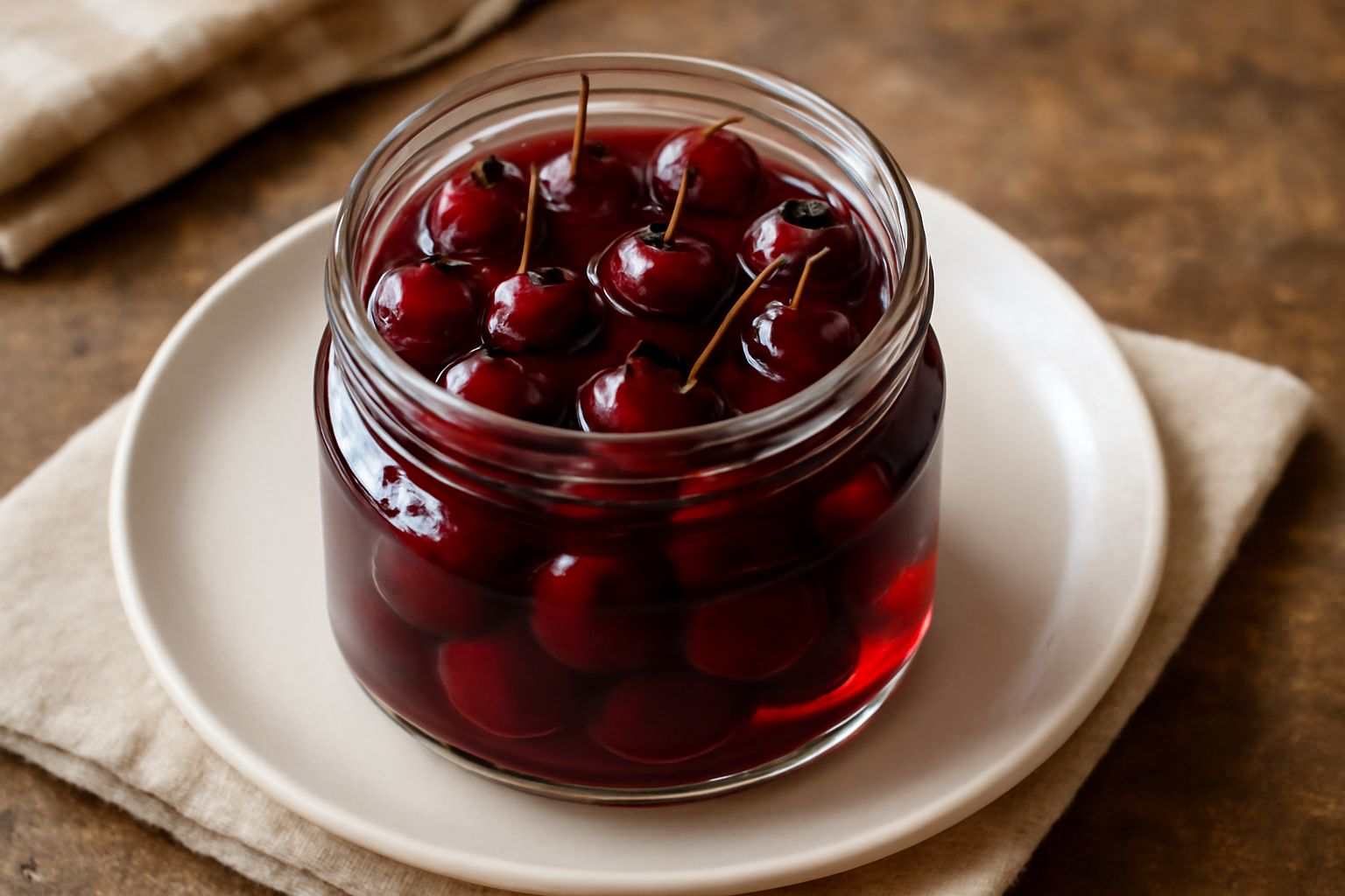 Barattolo di vetro trasparente con ciliegie rosse lucide immerse in sciroppo trasparente, frutti interi con gambo, liquido che brilla alla luce, etichetta bianca con data scritta a mano