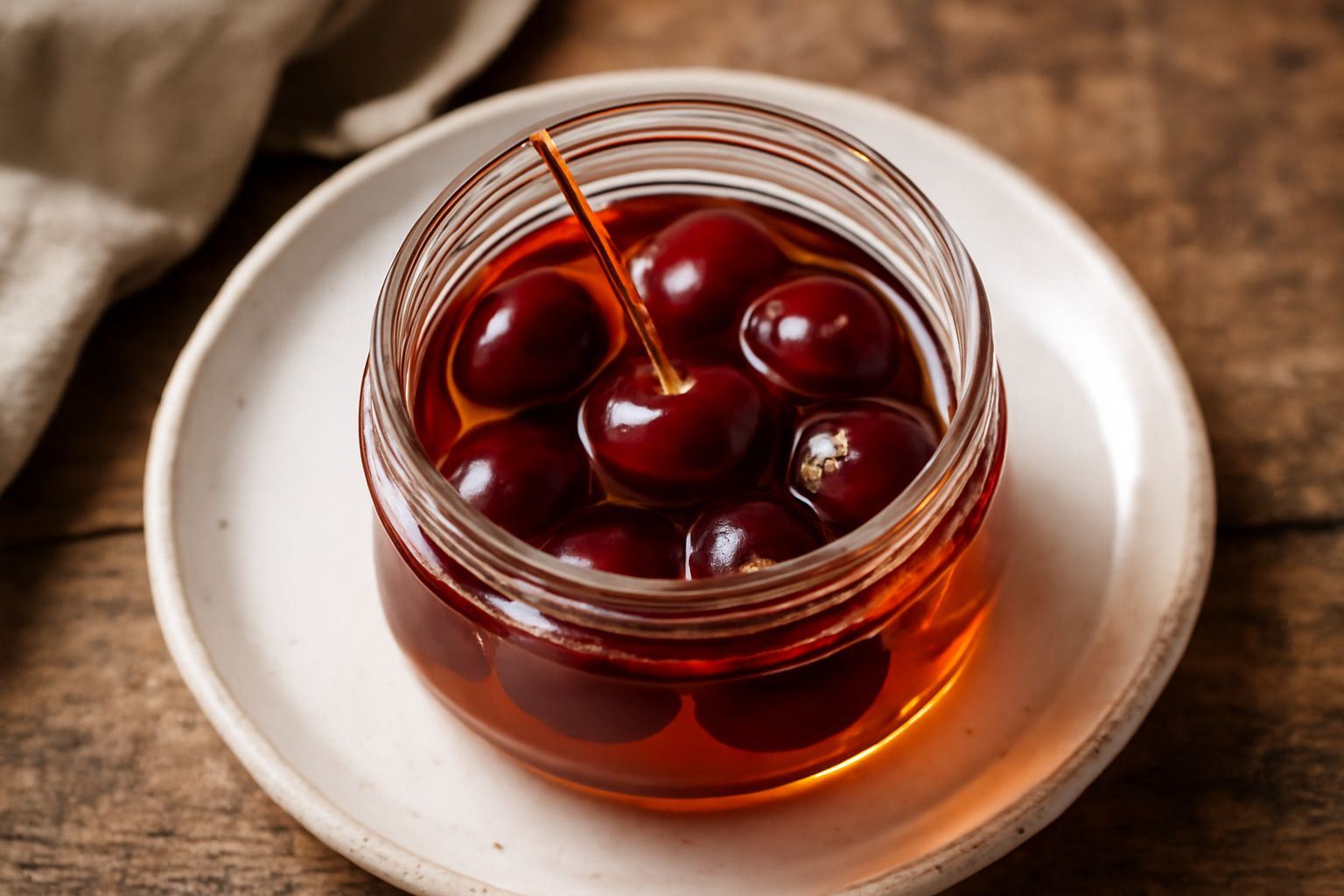 Vasetto di vetro trasparente con ciliegie rosse scure immerse in sciroppo trasparente e brillante, guarnito con una striscia di buccia di limone giallo. Sullo sfondo tavolo in legno naturale e un cucc