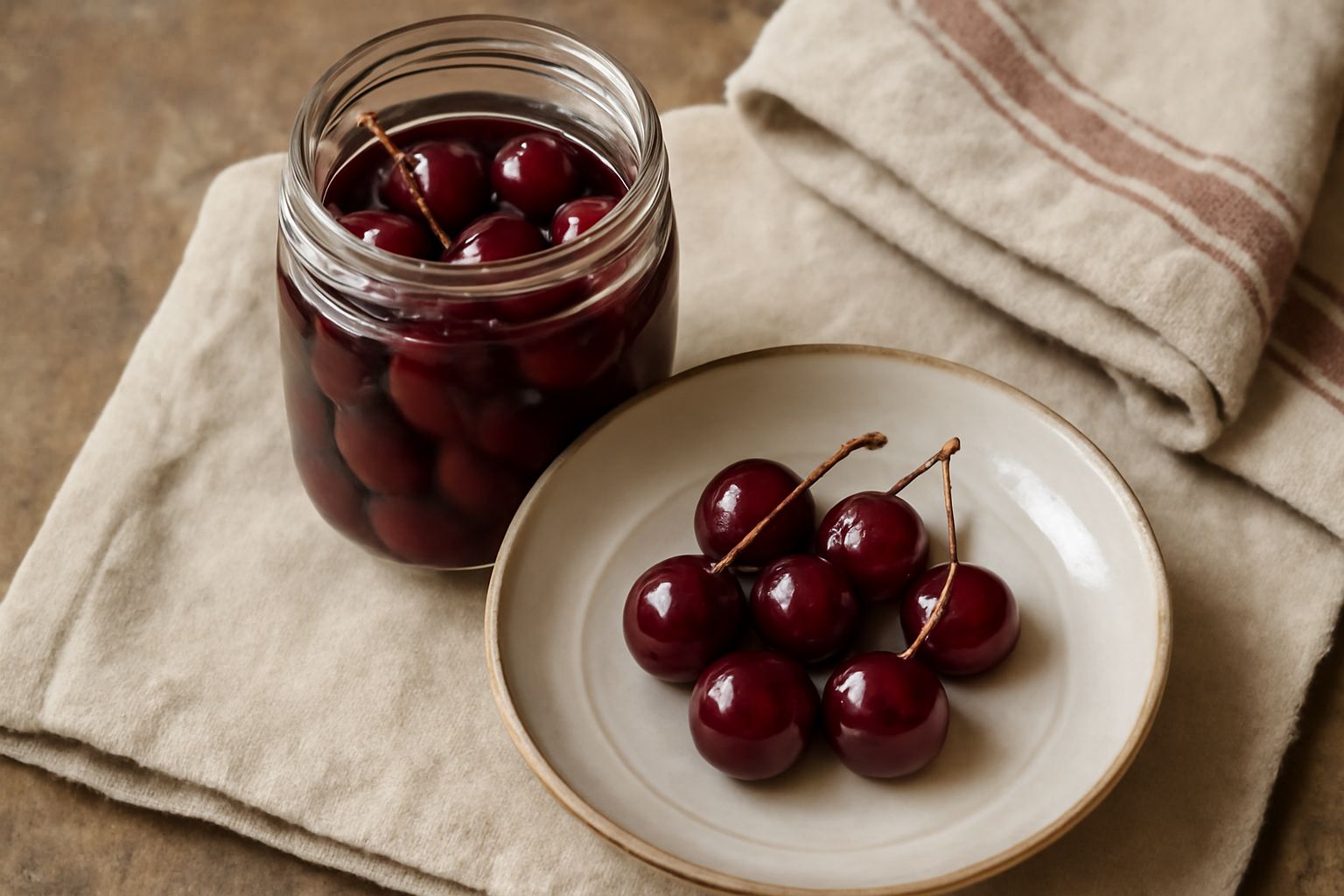 Barattolo di vetro con ciliegie rosse intere immerse in liquido trasparente, chiuso con coperchio, su fondo bianco con alcune ciliegie sparse accanto