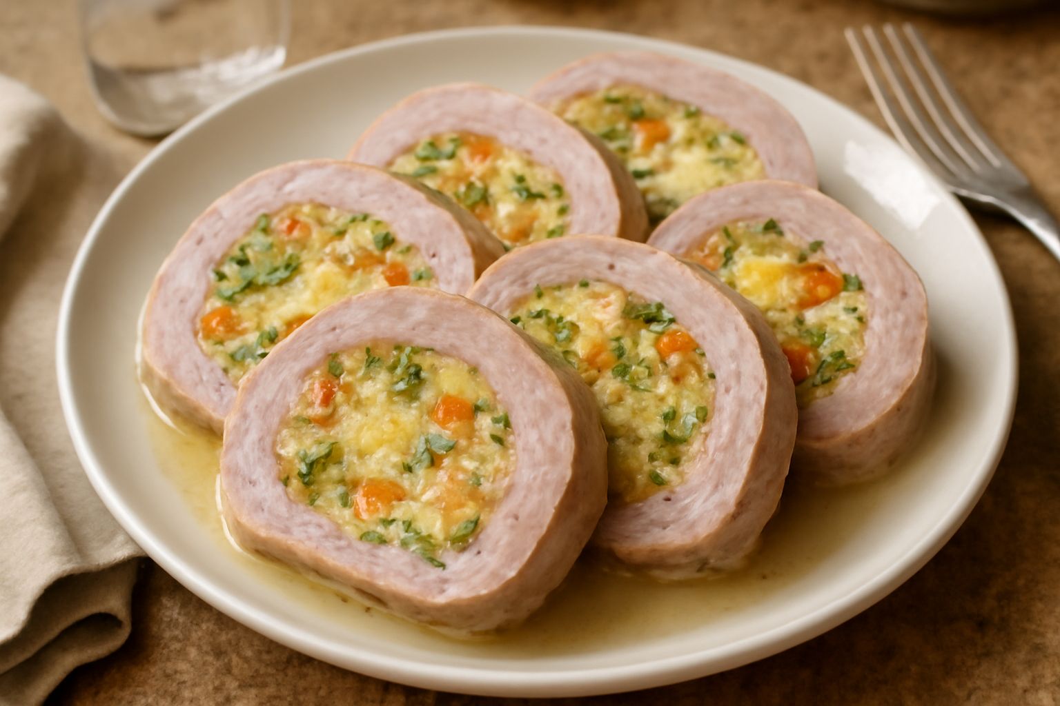 Cima alla genovese affettata su un piatto bianco, mostrando il ripieno colorato con verdure verdi e gialle, contorno di brodo denso e germogli di prezzemolo fresco