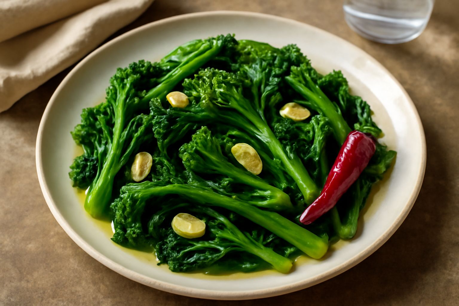 Cima di rapa bollita e saltata in padella con aglio e peperoncino rosso, disposta in un piatto bianco, con gocce di olio extravergine e spicchi d'aglio dorati