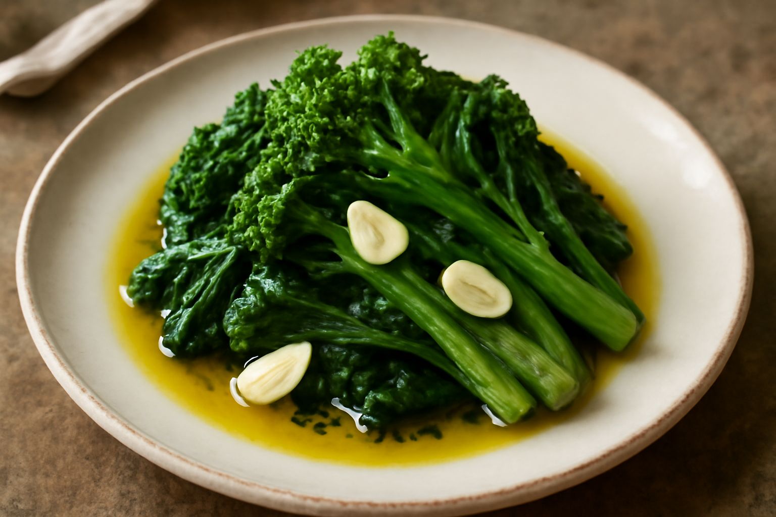 Cima di rapa verde brillante disposta su un piatto bianco, condita con gocce d'olio lucente, spicchi d'aglio crudo e peperoncino rosso