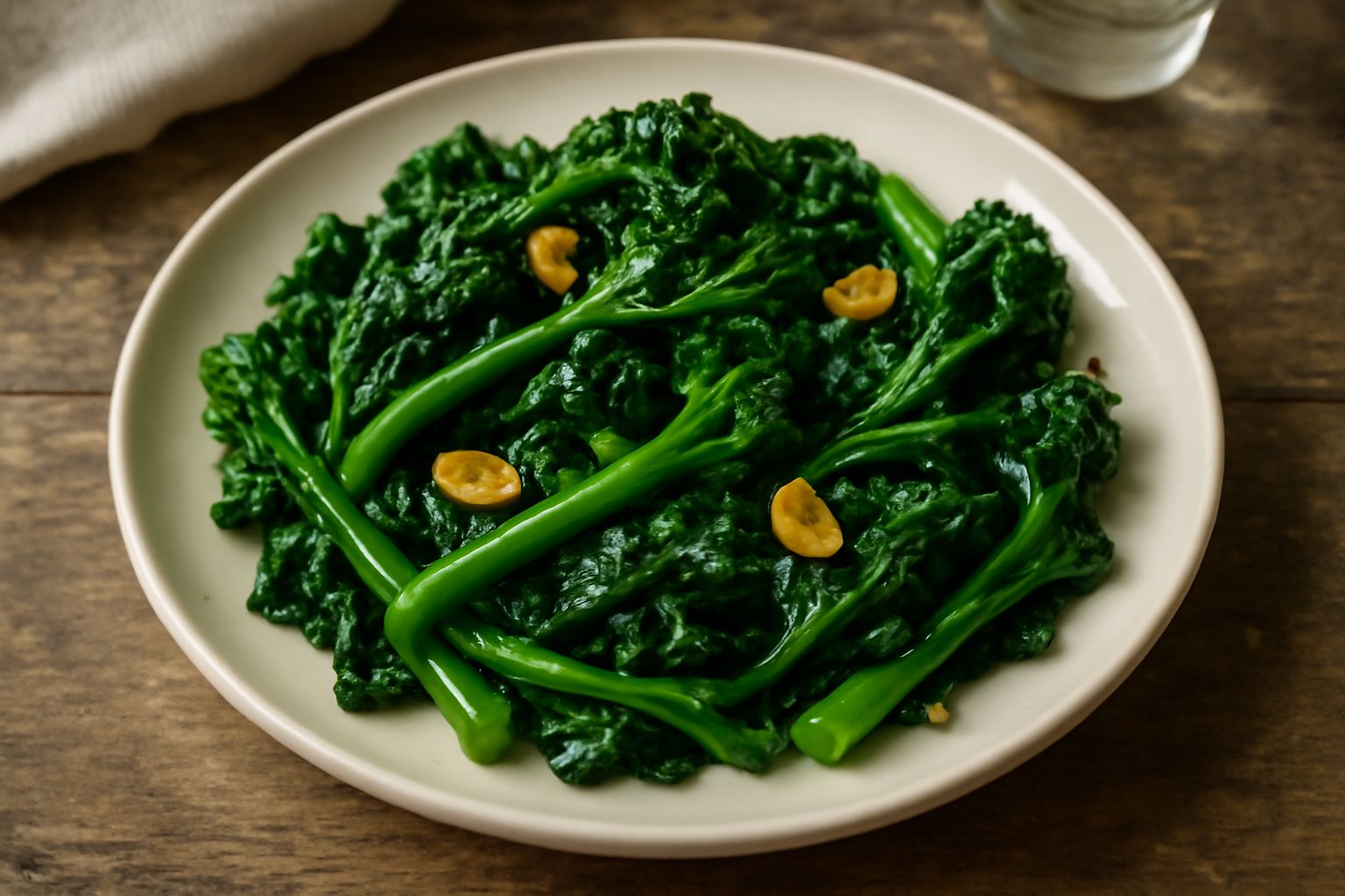 Cime di rapa verdi saltate in una padella di ferro, con spicchi d'aglio dorato, olio lucido e un pizzico di peperoncino rosso, servite su un piatto bianco