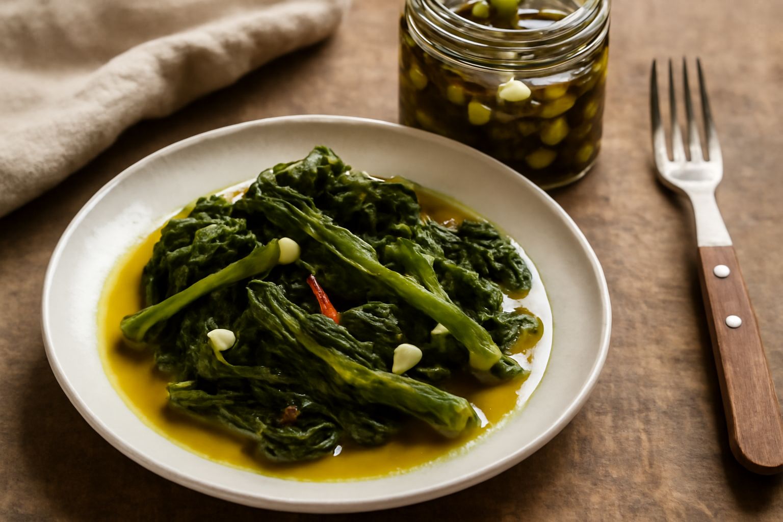 Vasetto di vetro con cime di rapa verde scuro sott'olio chiaro, aglio tagliato in fette e peperoncino visibili in superficie, fondo sfocato bianco