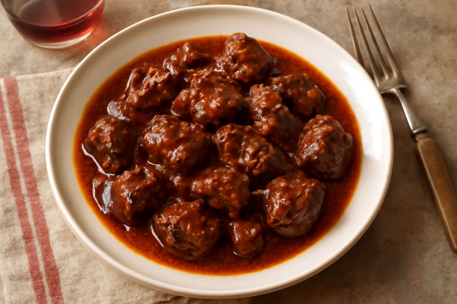 Cinghiale in umido servito in piatto bianco, carne scura e tenera in salsa color marrone-rossiccio, guarnito con rosmarino fresco e contorno di polenta bianca accanto