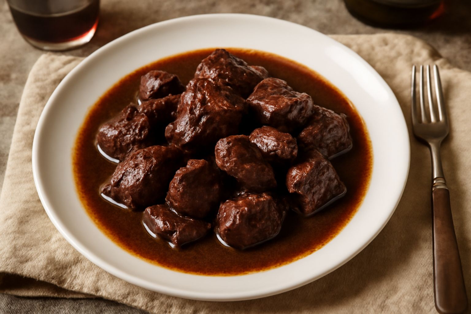 Cinghiale in salmì servito in piatto bianco: pezzi di carne scura e lucida in sugo marrone intenso, decorato con rosmarino fresco e bacche di ginepro, accompagnato da polenta bianca cremosa