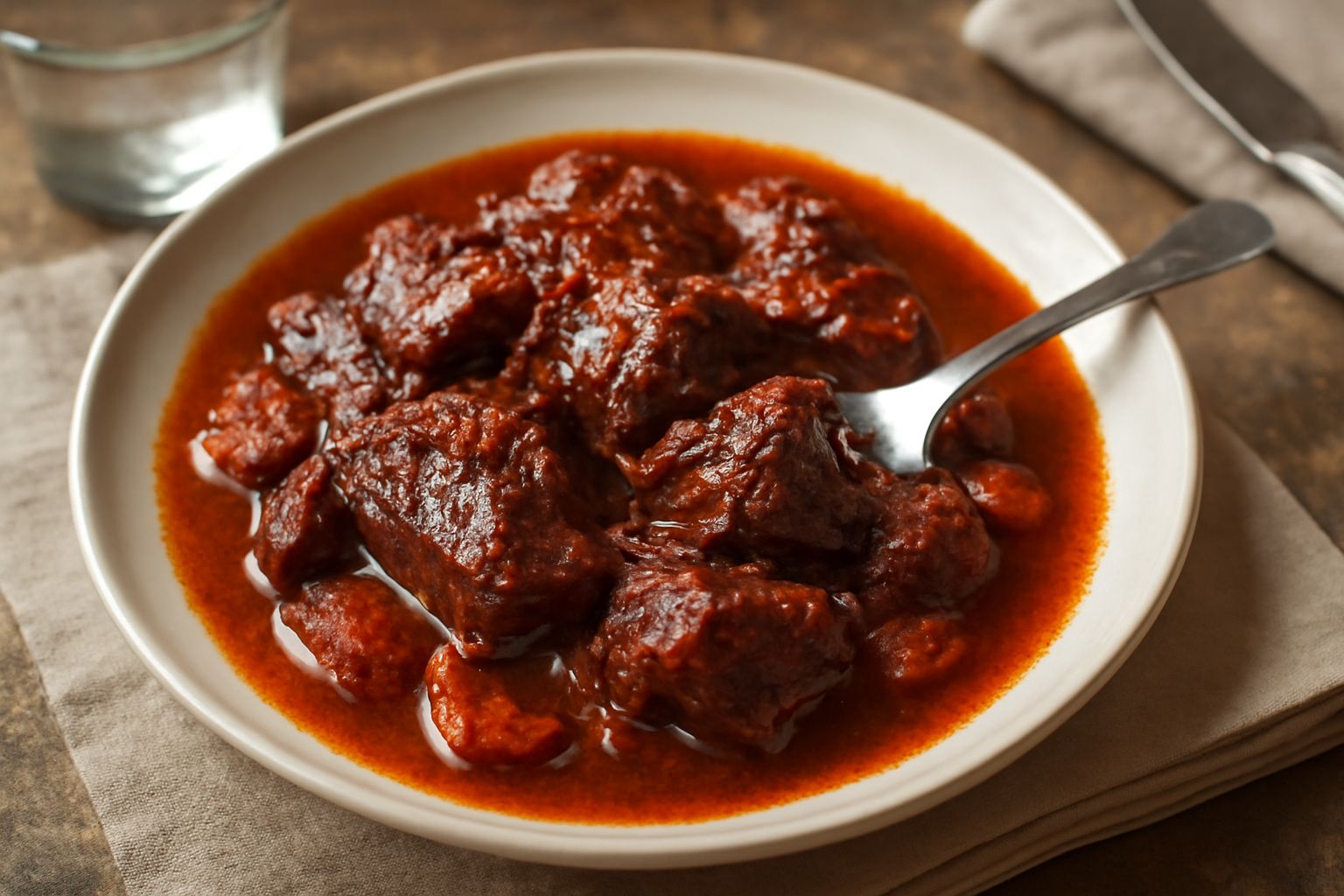 Cinghiale in umido servito in piatto fondo bianco: pezzi di carne scura e morbida immersi in salsa marrone scura, accompagnati da verdure ammorbidite, con sedano e carota visibili nel sugo