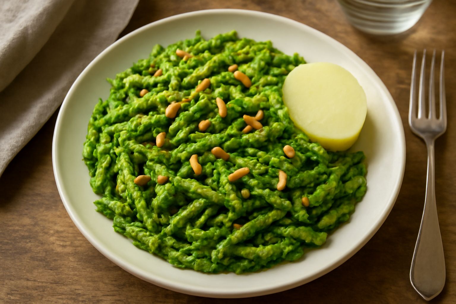 Piatto di trofie verde scuro coperte di pesto denso, con pinoli dorati visibili in superficie, accompagnate da patata bollita bianca e fagiolini teneri, servite su piatto bianco