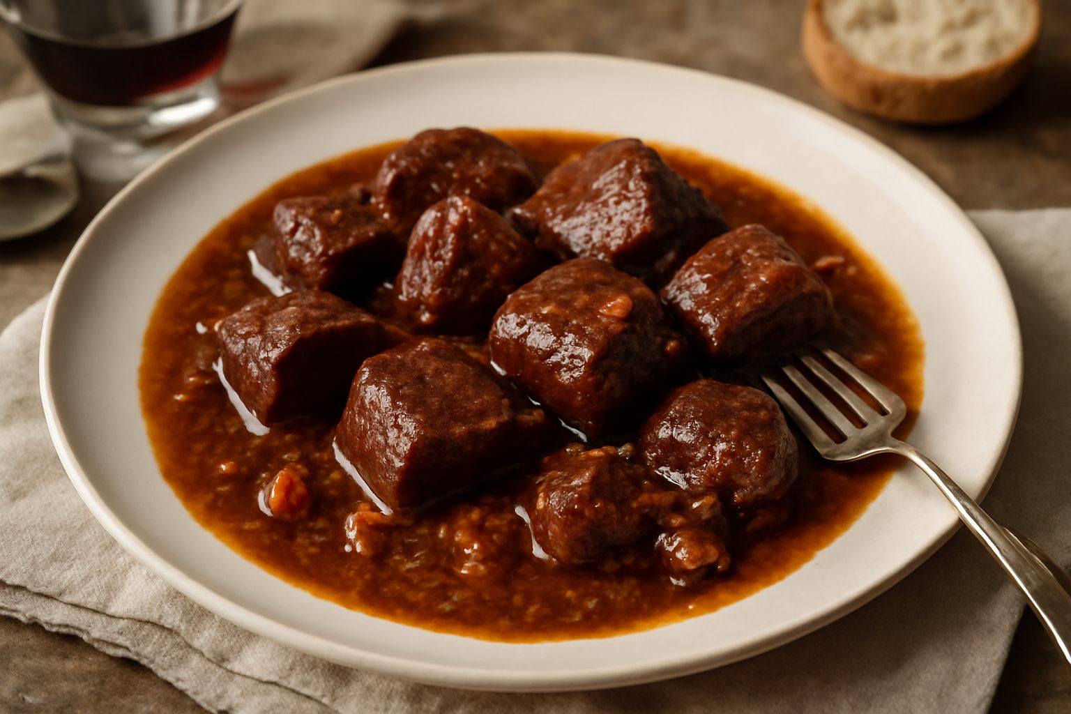 Piatto di ceramica bianca con pezzi di carne cotta rosso scuro in salsa densa, guarnito con rosmarino fresco e accompagnato da verdure morbide